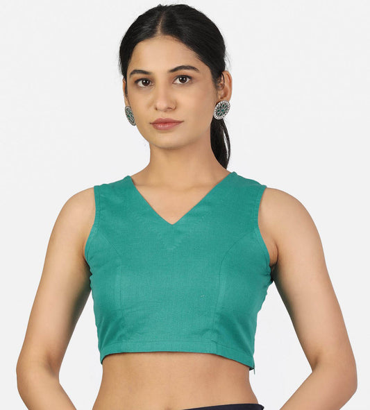 Women Teal Green V Neck Sleeveless Non Padded Blouse