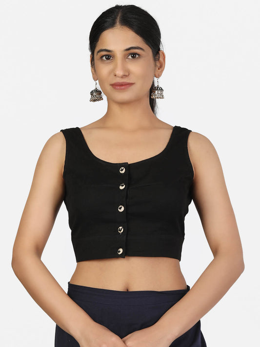 Women Black Non Padded front Button Round Neck Sleeveless Saree Blouse