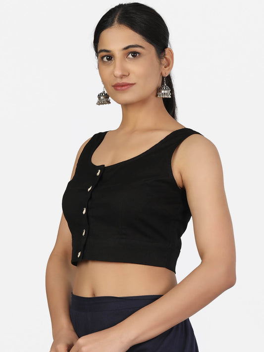 Women Black Non Padded front Button Round Neck Sleeveless Saree Blouse
