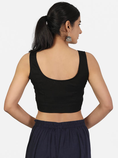 Women Black Non Padded front Button Round Neck Sleeveless Saree Blouse