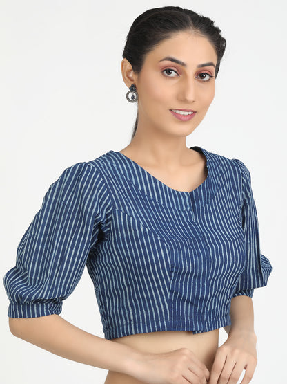 Indigo Blue block printed Striped saree blouse
