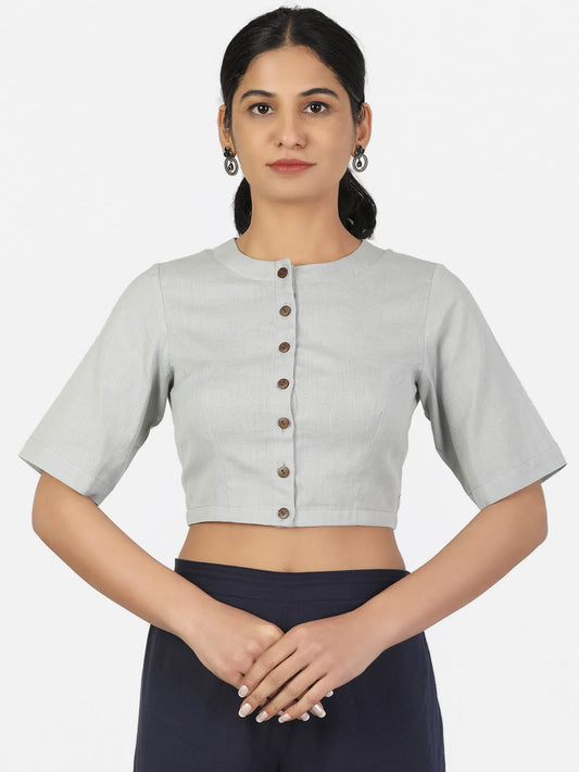 Women Grey Non Padded front Button Mandrin collar Saree Blouse