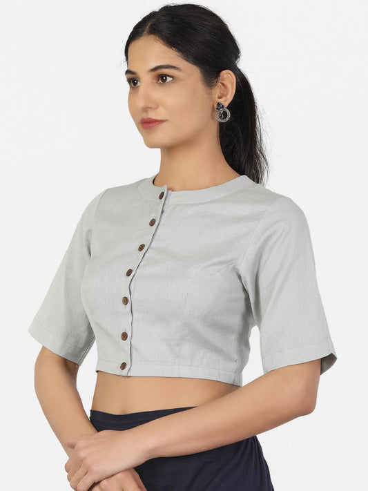 Women Grey Non Padded front Button Mandrin collar Saree Blouse
