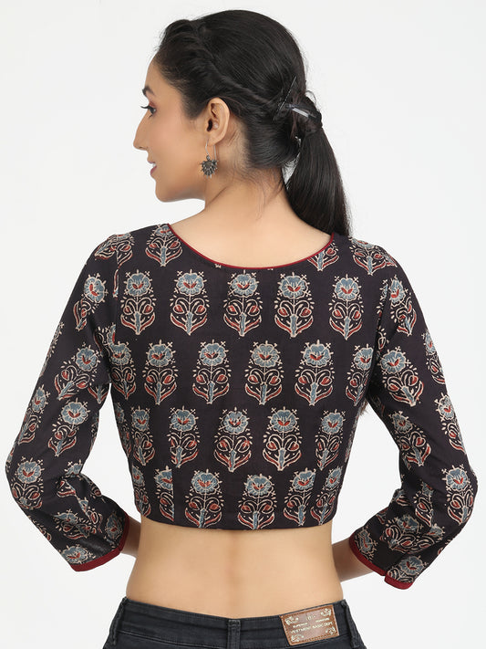 Black Ajrakh Block Printed saree Blouse
