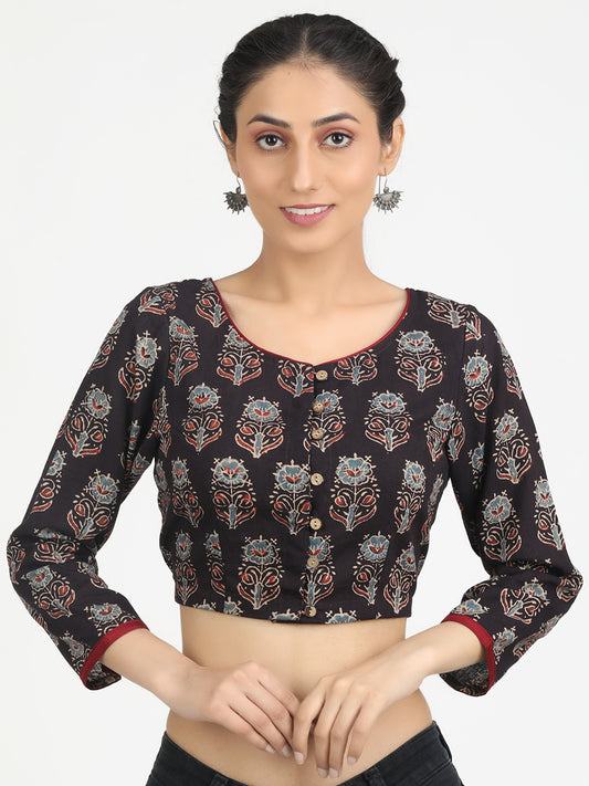 Black Ajrakh Block Printed saree Blouse