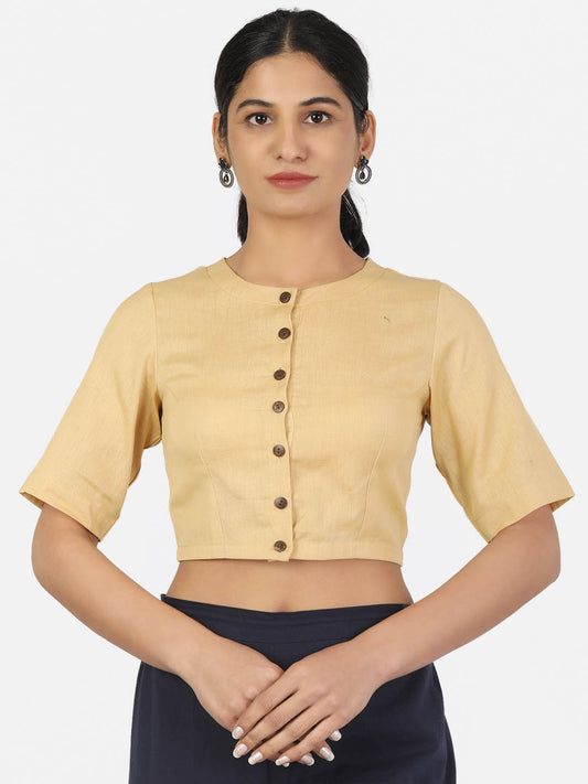 Women Beige Non Padded front Button Mandrin collar Saree Blouse