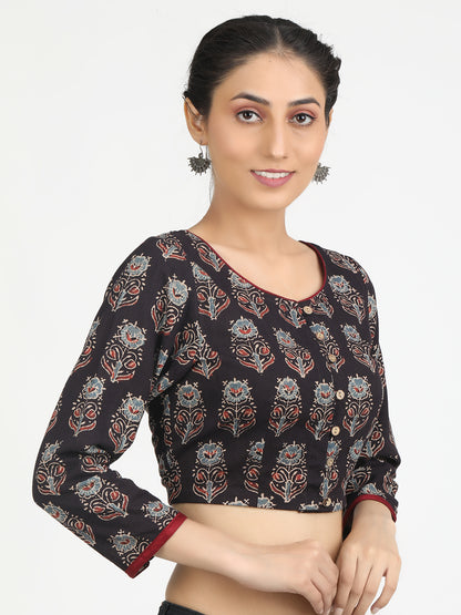 Black Ajrakh Block Printed saree Blouse