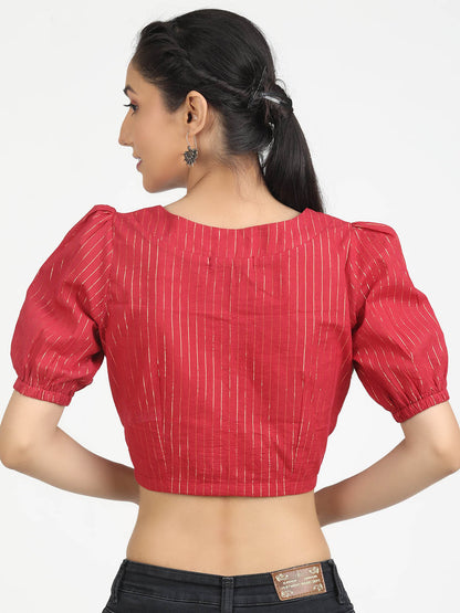 Women Red & Gold Woven Cotton Ready To Wear Non Padded Saree Blouse
