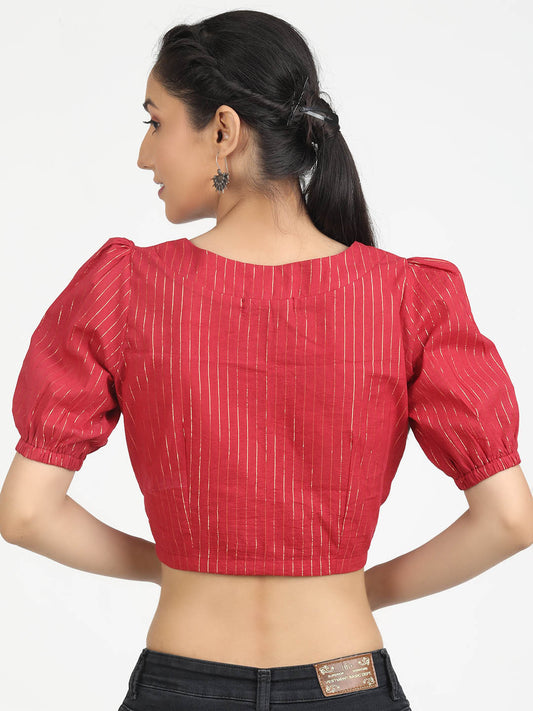 Women Red & Gold Woven Cotton Ready To Wear Non Padded Saree Blouse