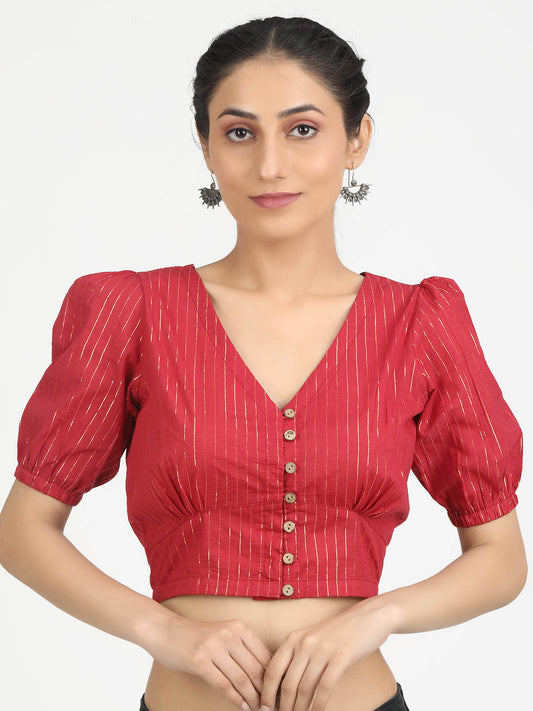 Women Red & Gold Woven Cotton Ready To Wear Non Padded Saree Blouse