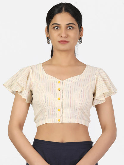 Women Cream Colour Butterfly Sleeve Sweetheart Neck Front Button Non Padded Saree Blouse