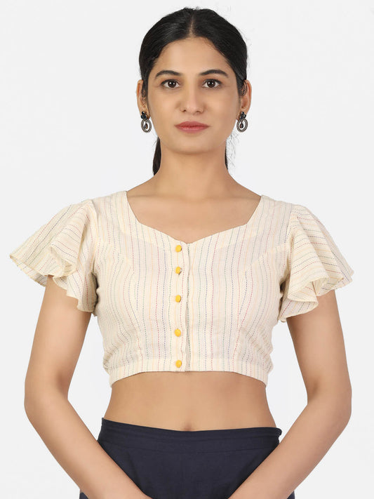 Women Cream Colour Butterfly Sleeve Sweetheart Neck Front Button Non Padded Saree Blouse