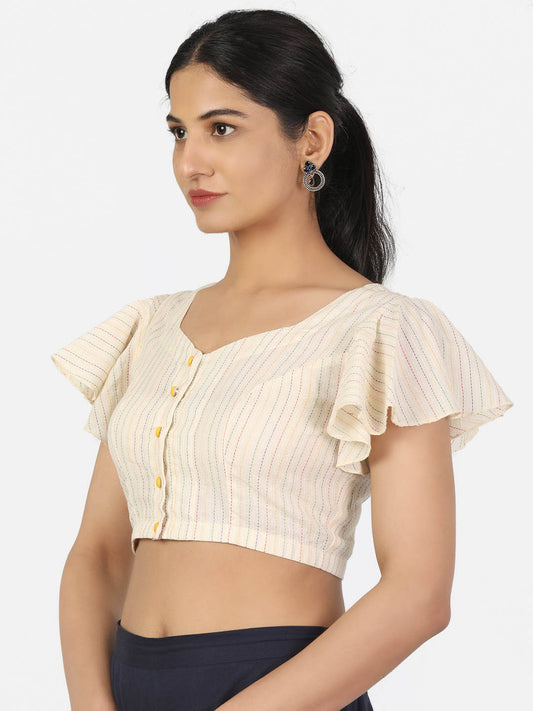 Women Cream Colour Butterfly Sleeve Sweetheart Neck Front Button Non Padded Saree Blouse