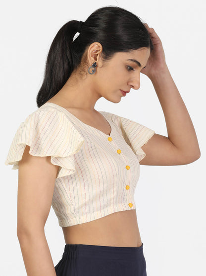 Women Cream Colour Butterfly Sleeve Sweetheart Neck Front Button Non Padded Saree Blouse