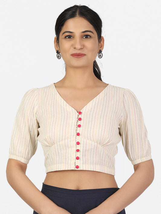 Women Cream Colour half Sleeve V Neck Front Button Non Padded Saree Blouse