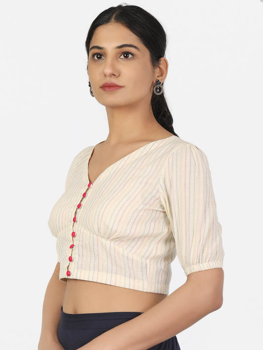 Women Cream Colour half Sleeve V Neck Front Button Non Padded Saree Blouse