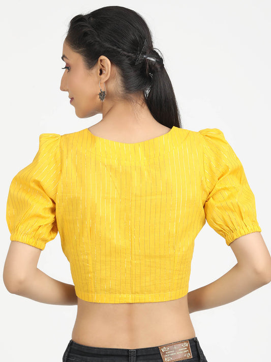 Women Yellow & Gold Woven Cotton Ready To Wear Non Padded Saree Blouse