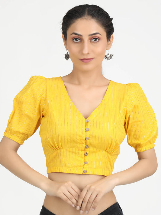 Women Yellow & Gold Woven Cotton Ready To Wear Non Padded Saree Blouse