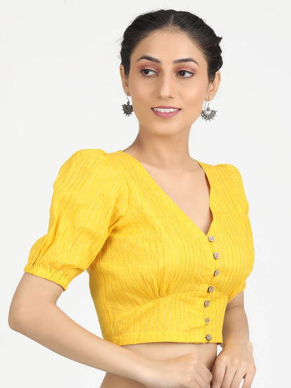 Women Yellow & Gold Woven Cotton Ready To Wear Non Padded Saree Blouse