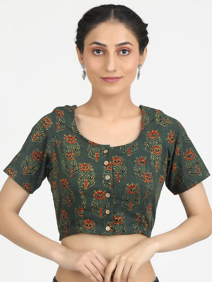 Women Green Ajrakh Print Cotton Ready To Wear Non Padded Saree Blouse