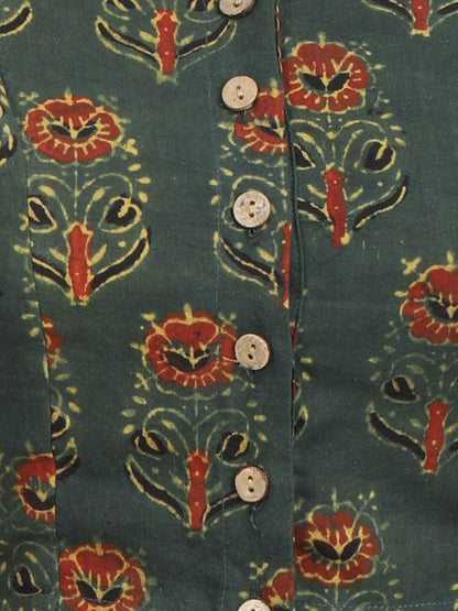 Women Green Ajrakh Print Cotton Ready To Wear Non Padded Saree Blouse