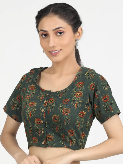 Women Green Ajrakh Print Cotton Ready To Wear Non Padded Saree Blouse
