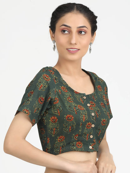 Women Green Ajrakh Print Cotton Ready To Wear Non Padded Saree Blouse