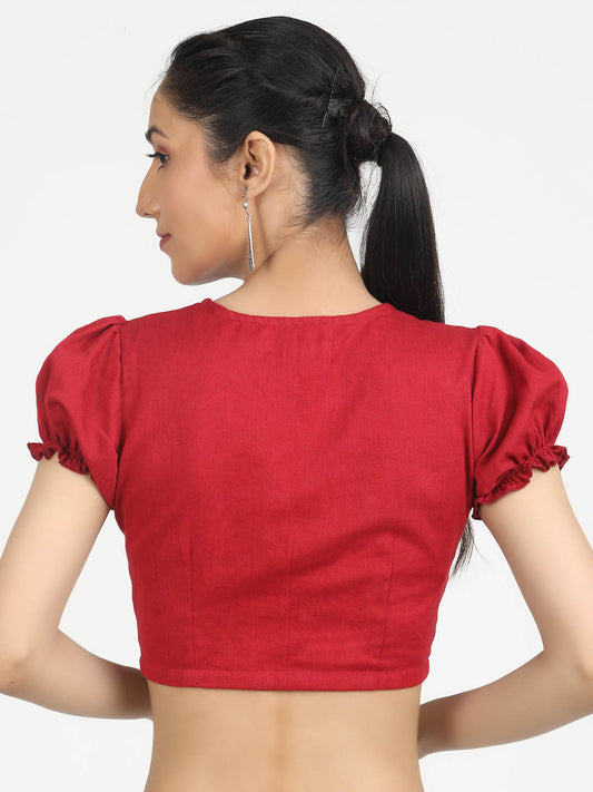 Women Solid Rose Red Cotton Ready To Wear Non Padded Saree Blouse