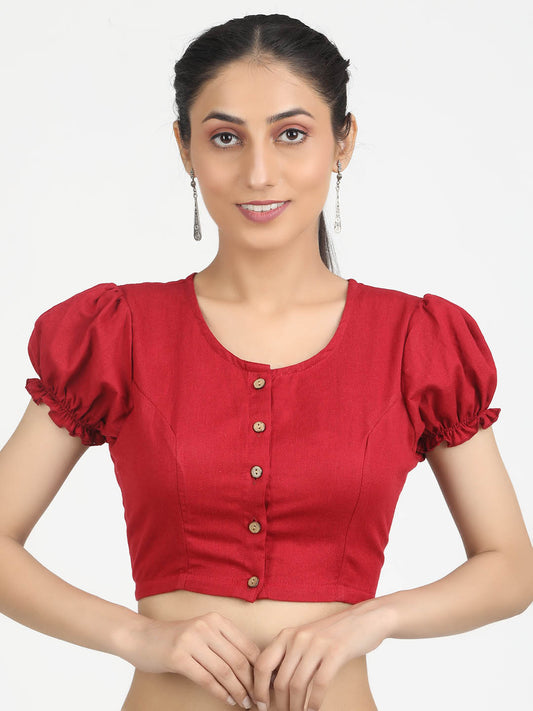 Women Solid Rose Red Cotton Ready To Wear Non Padded Saree Blouse