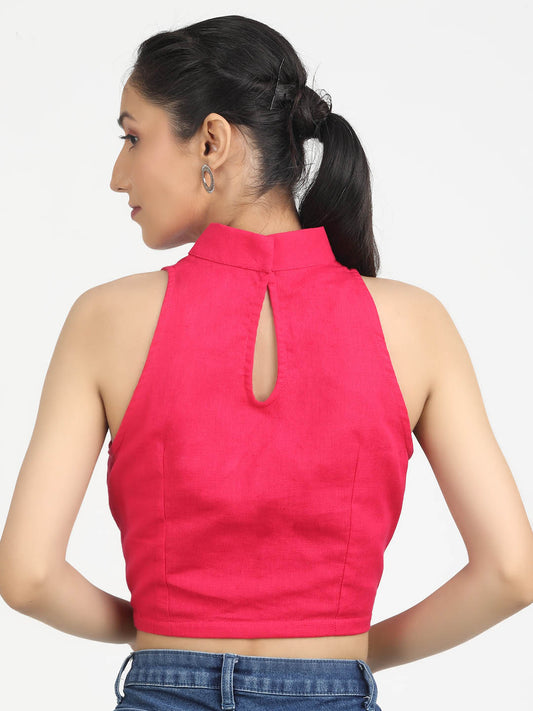 Women Solid Magenta Cotton Ready To Wear Non Padded Saree Blouse