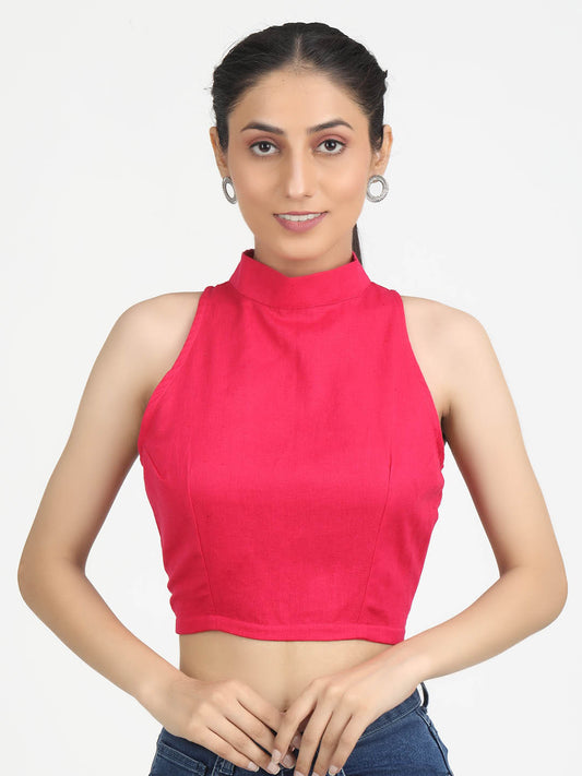 Women Solid Magenta Cotton Ready To Wear Non Padded Saree Blouse
