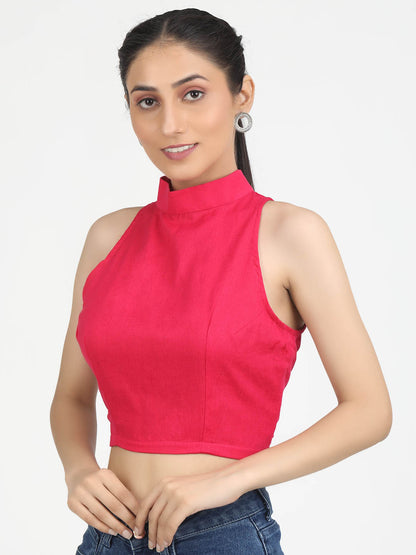 Women Solid Magenta Cotton Ready To Wear Non Padded Saree Blouse