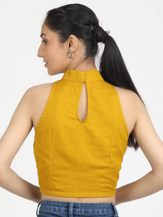 Women Solid Mustard Cotton Ready To Wear Non Padded Saree Blouse