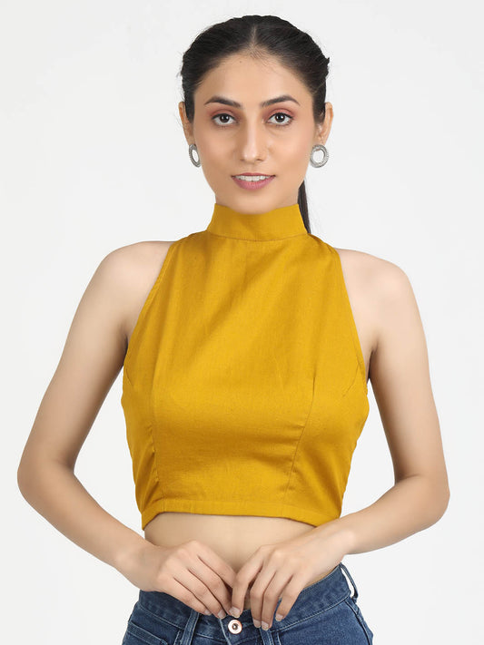 Women Solid Mustard Cotton Ready To Wear Non Padded Saree Blouse