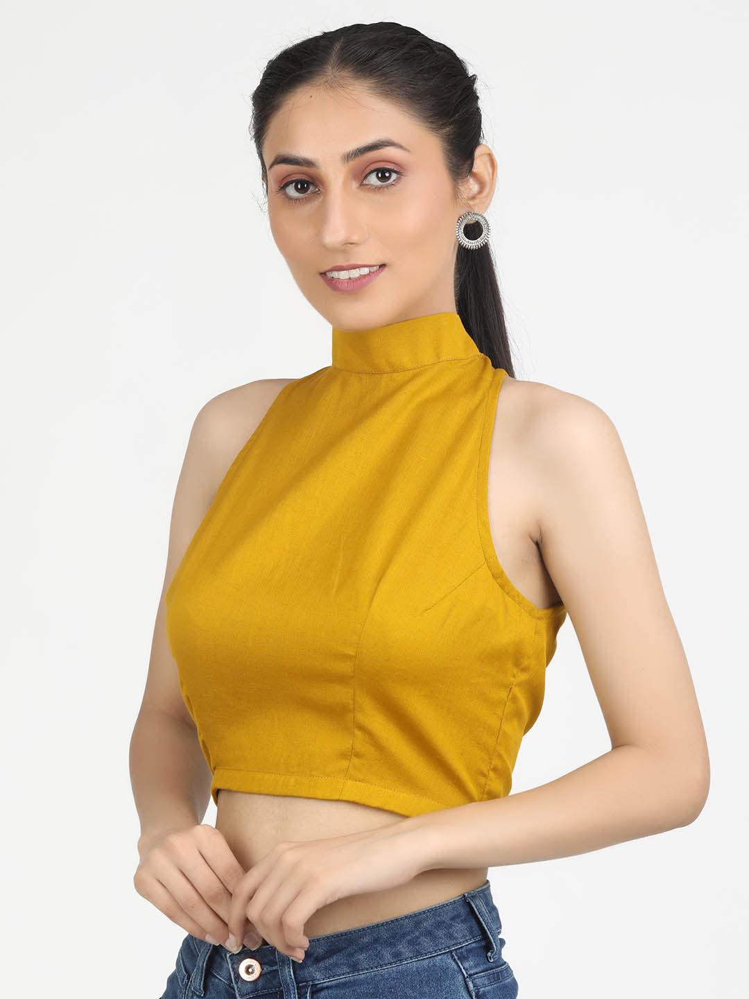 Women Solid Mustard Cotton Ready To Wear Non Padded Saree Blouse