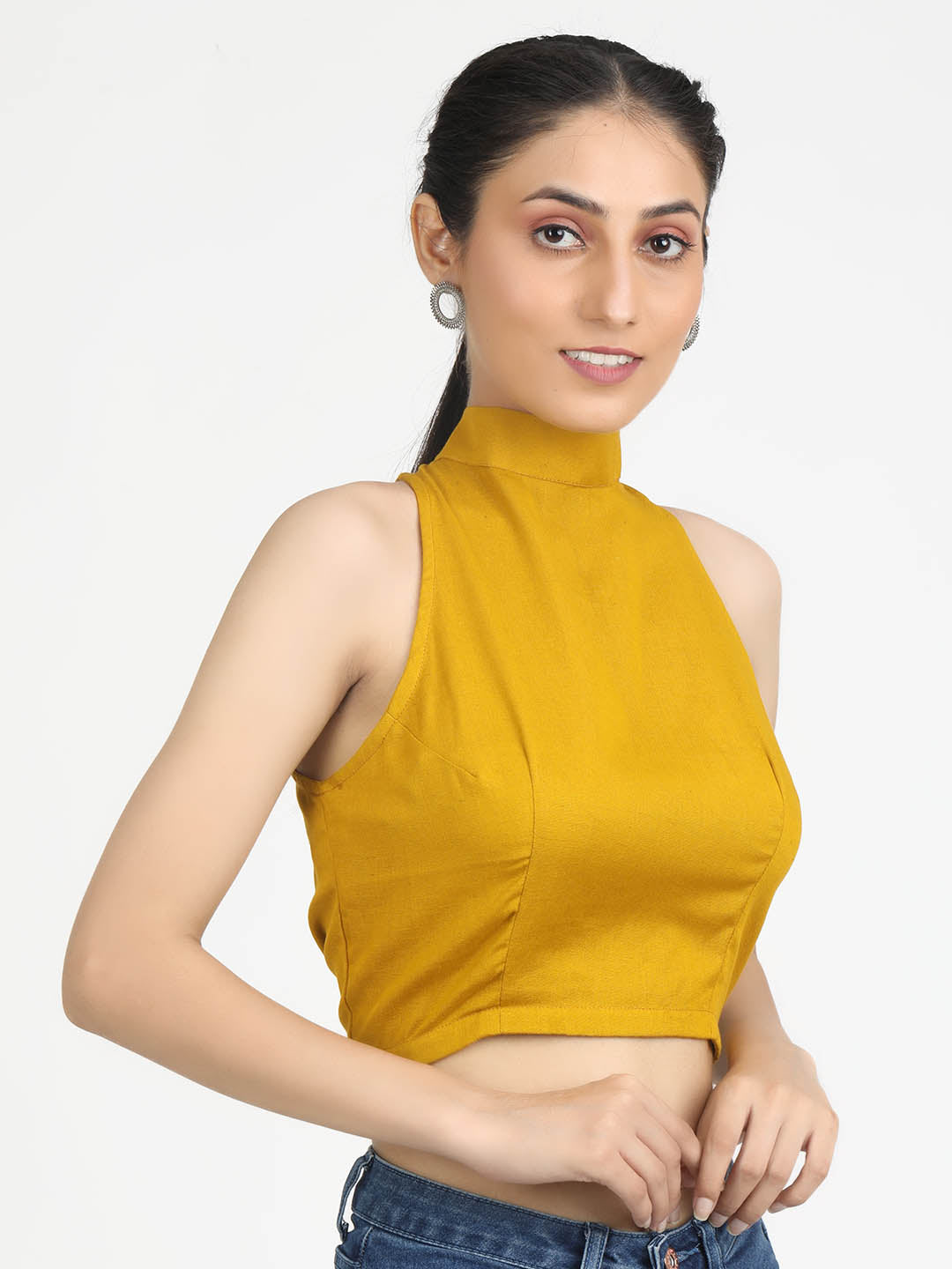 Women Solid Mustard Cotton Ready To Wear Non Padded Saree Blouse
