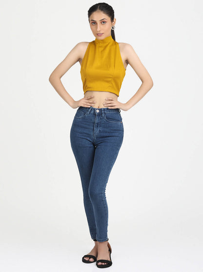 Women Solid Mustard Cotton Ready To Wear Non Padded Saree Blouse