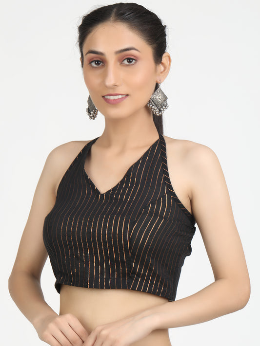 Black & Gold-toned Woven Saree Blouse