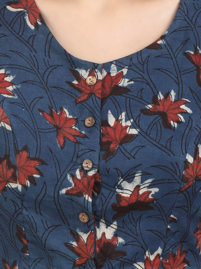 Women Blue Block Printed Cotton Ready To Wear Non Padded Saree Blouse