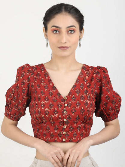 Women Maroon Ajrakh Block Printed Cotton Ready To Wear Non Padded Saree Blouse