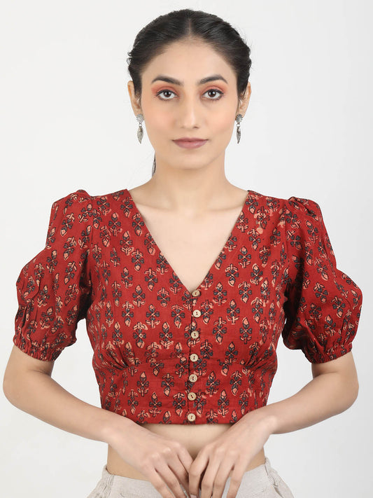 Women Maroon Ajrakh Block Printed Cotton Ready To Wear Non Padded Saree Blouse