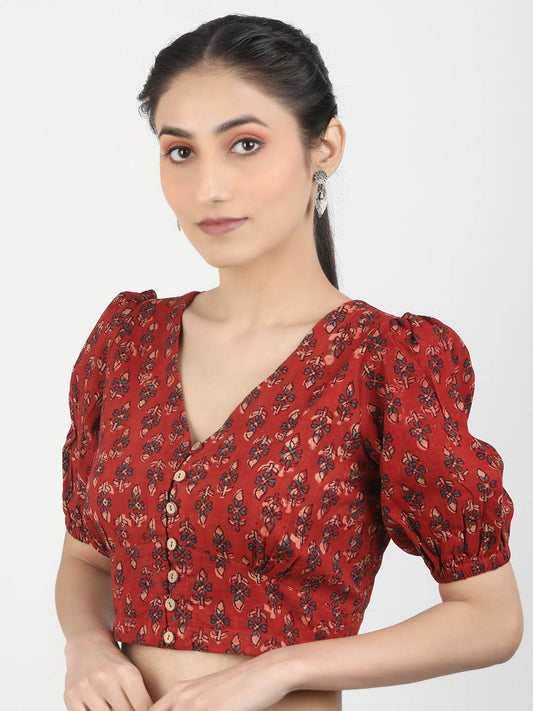 Women Maroon Ajrakh Block Printed Cotton Ready To Wear Non Padded Saree Blouse