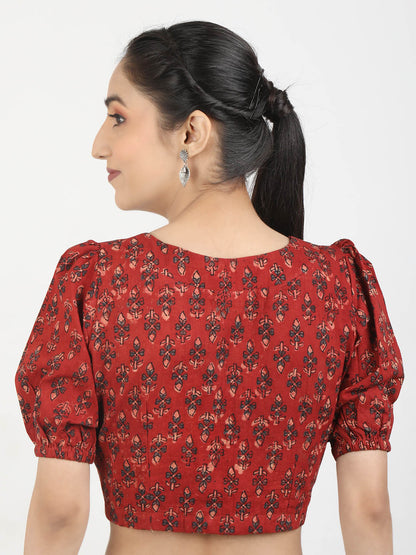 Women Maroon Ajrakh Block Printed Cotton Ready To Wear Non Padded Saree Blouse