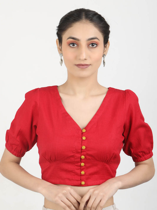 Women Red solid Cotton Ready To Wear Non Padded Saree Blouse