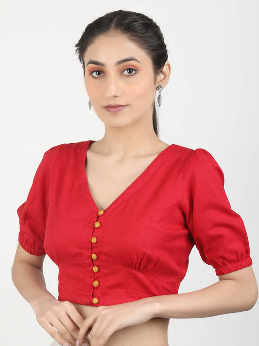 Women Red solid Cotton Ready To Wear Non Padded Saree Blouse