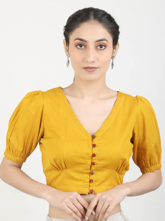 Women Mustard solid Cotton Ready To Wear Non Padded Saree Blouse