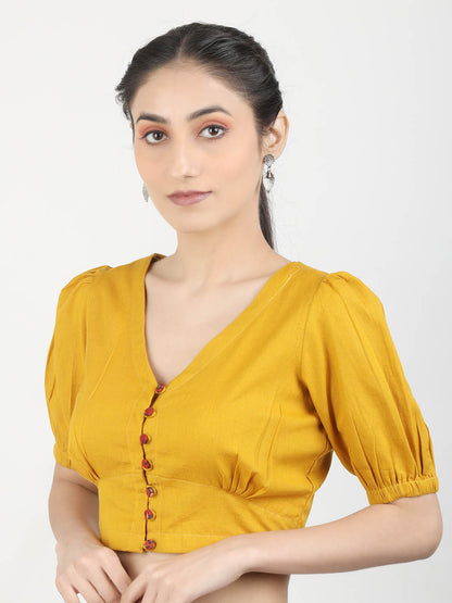 Women Mustard solid Cotton Ready To Wear Non Padded Saree Blouse