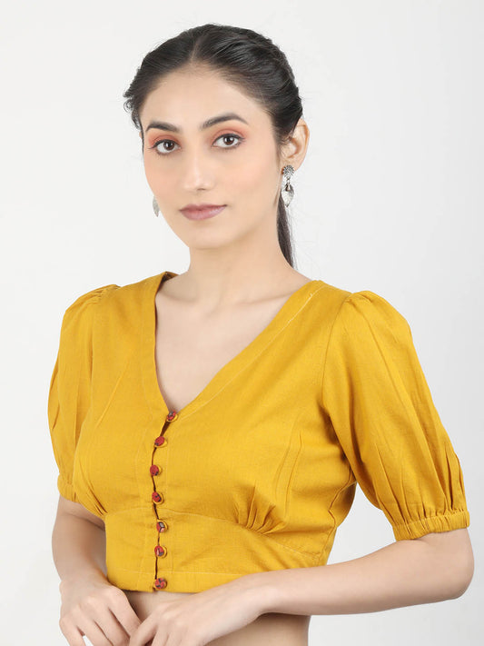 Women Mustard solid Cotton Ready To Wear Non Padded Saree Blouse