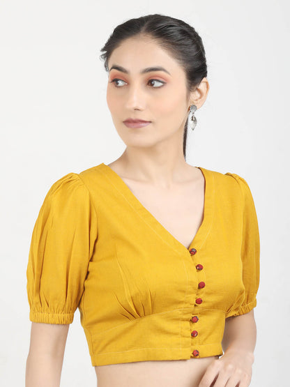 Women Mustard solid Cotton Ready To Wear Non Padded Saree Blouse