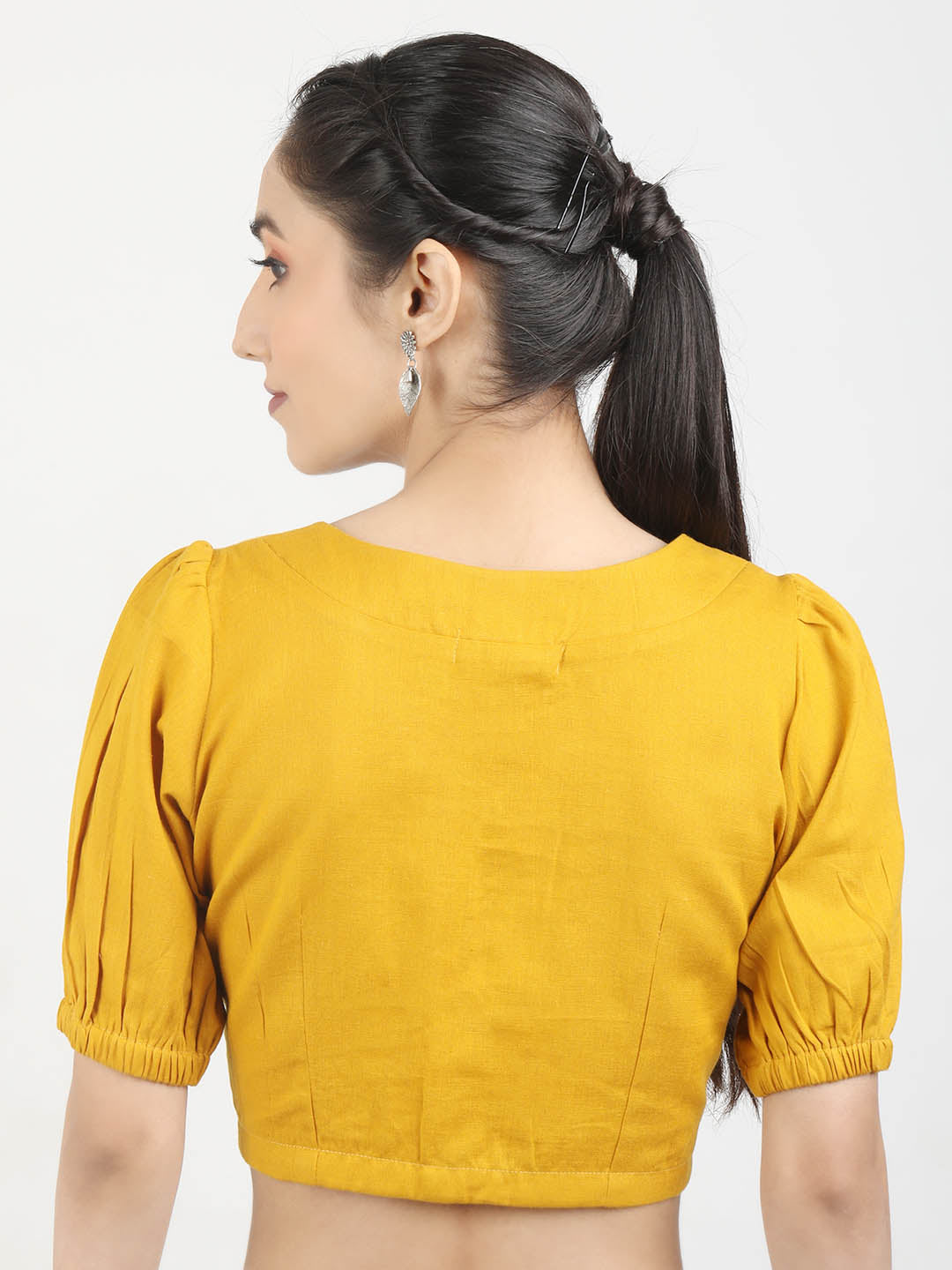 Women Mustard solid Cotton Ready To Wear Non Padded Saree Blouse